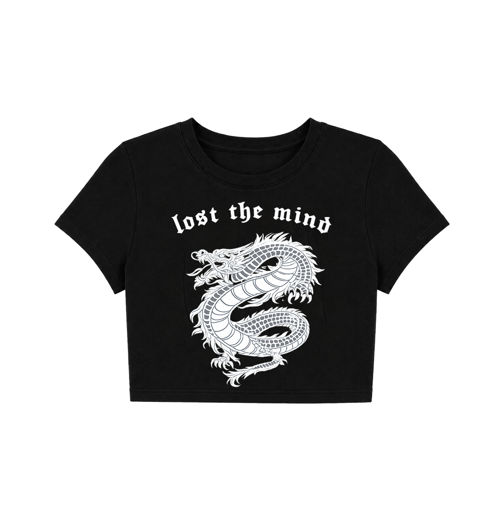 Y2K Gothic Chinese Dragon Crop Top - Black Graphic Tee