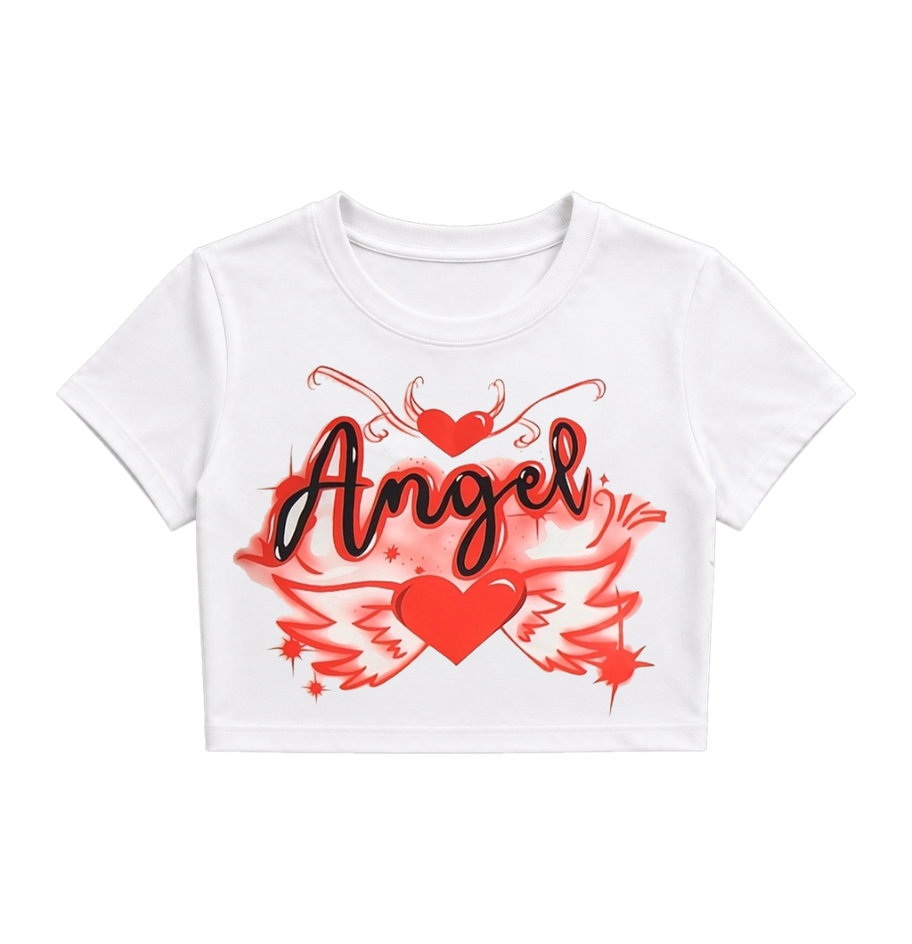 Y2K Airbrush Angel Heart Crop Top - White Ribbed Graphic Tee
