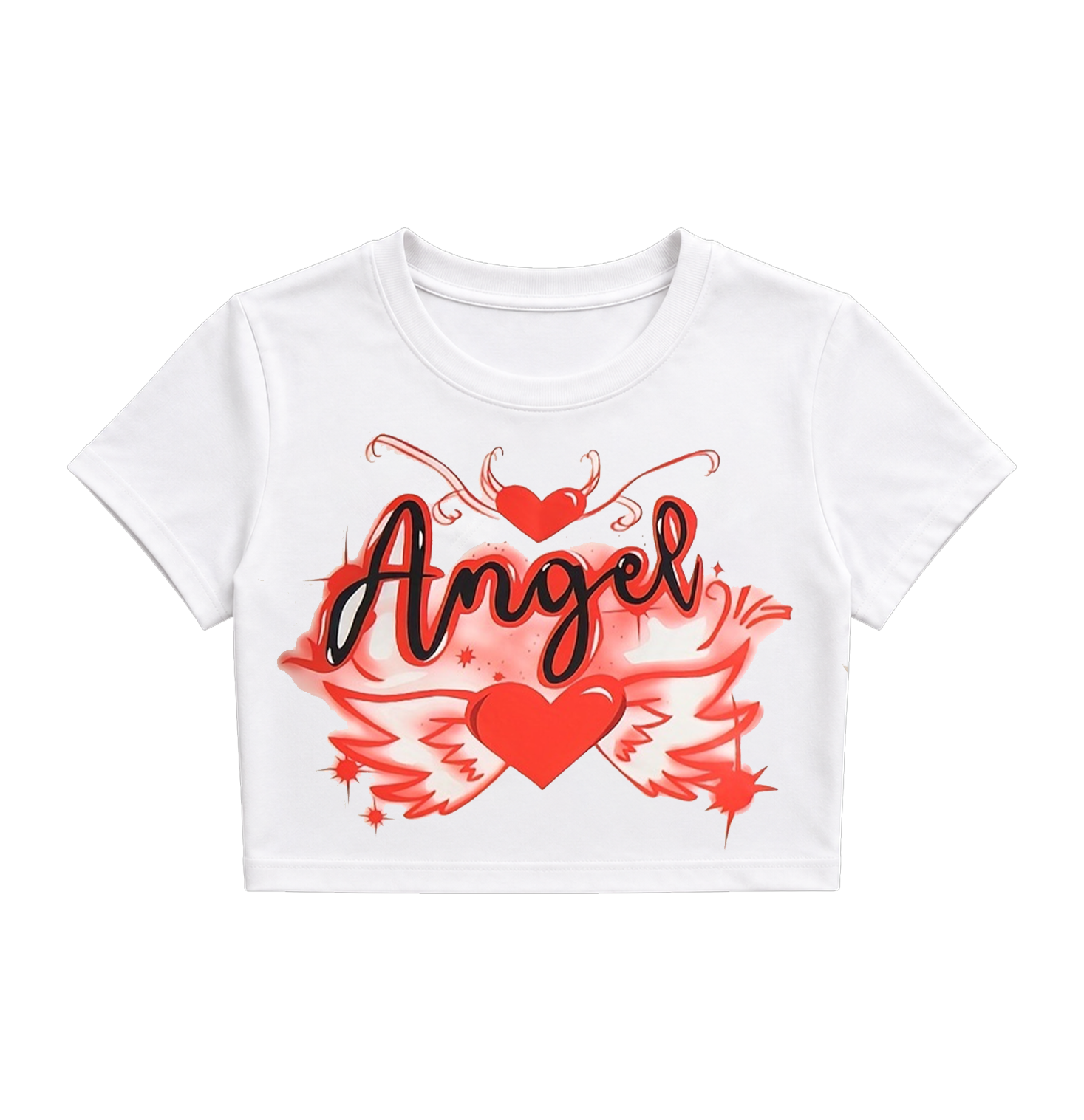 Y2K Airbrush Angel Heart Crop Top - White Ribbed Graphic Tee