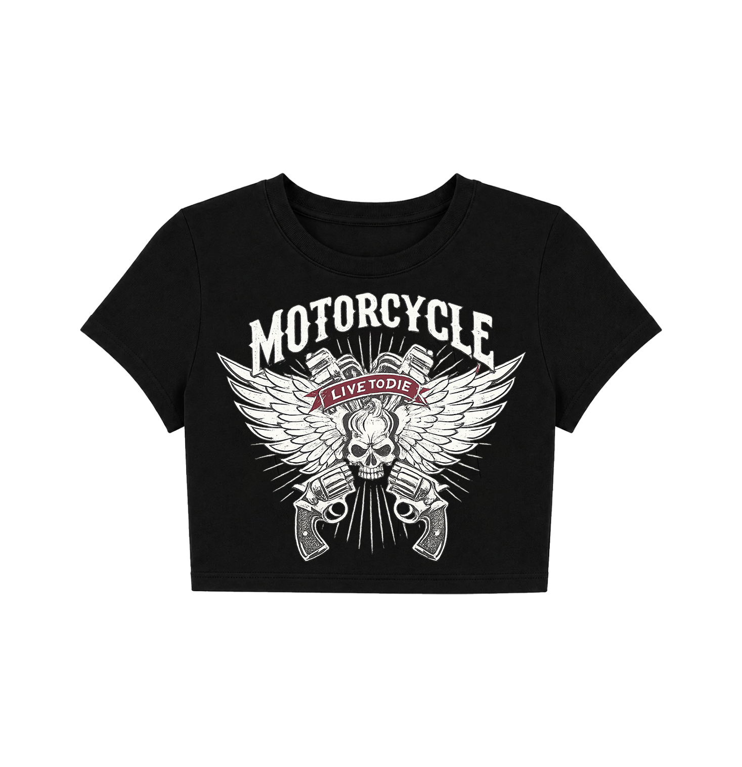 Vintage Motorcycle Skull Ruched Crop Top - Black Graphic Tie Tee
