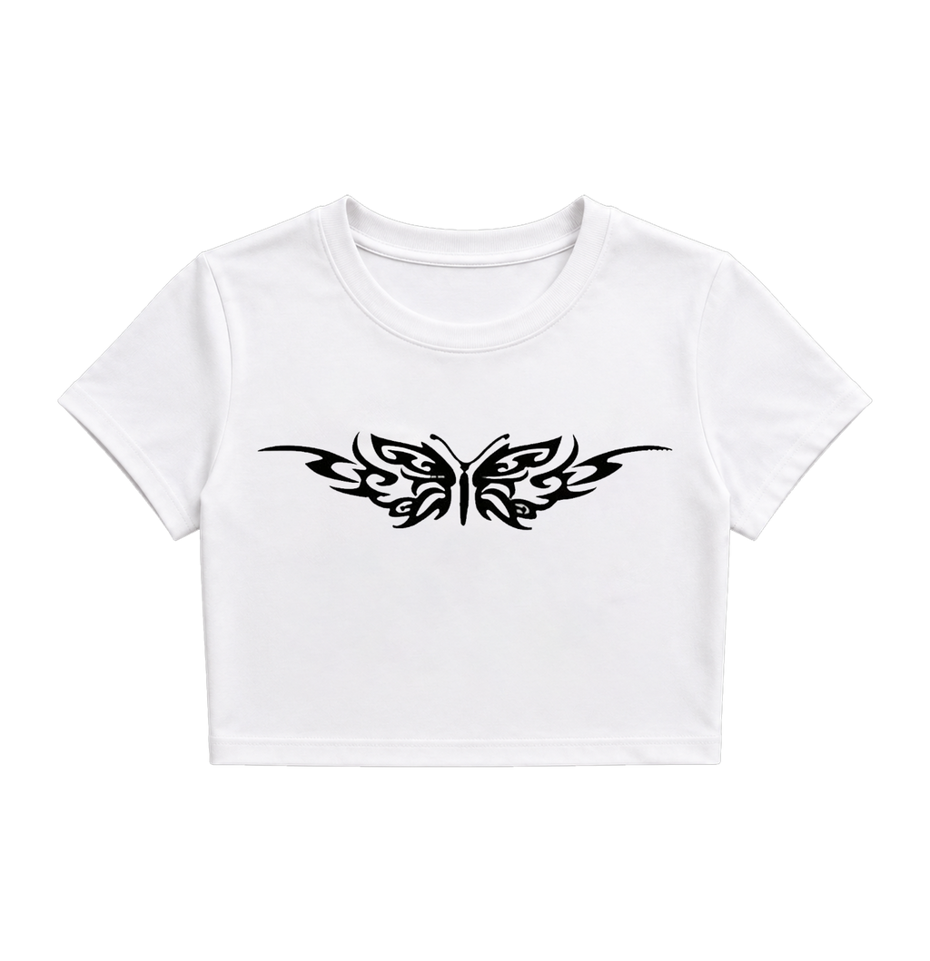 Cyber Y2K Tribal Butterfly Crop Top - White Graphic Baby Tee