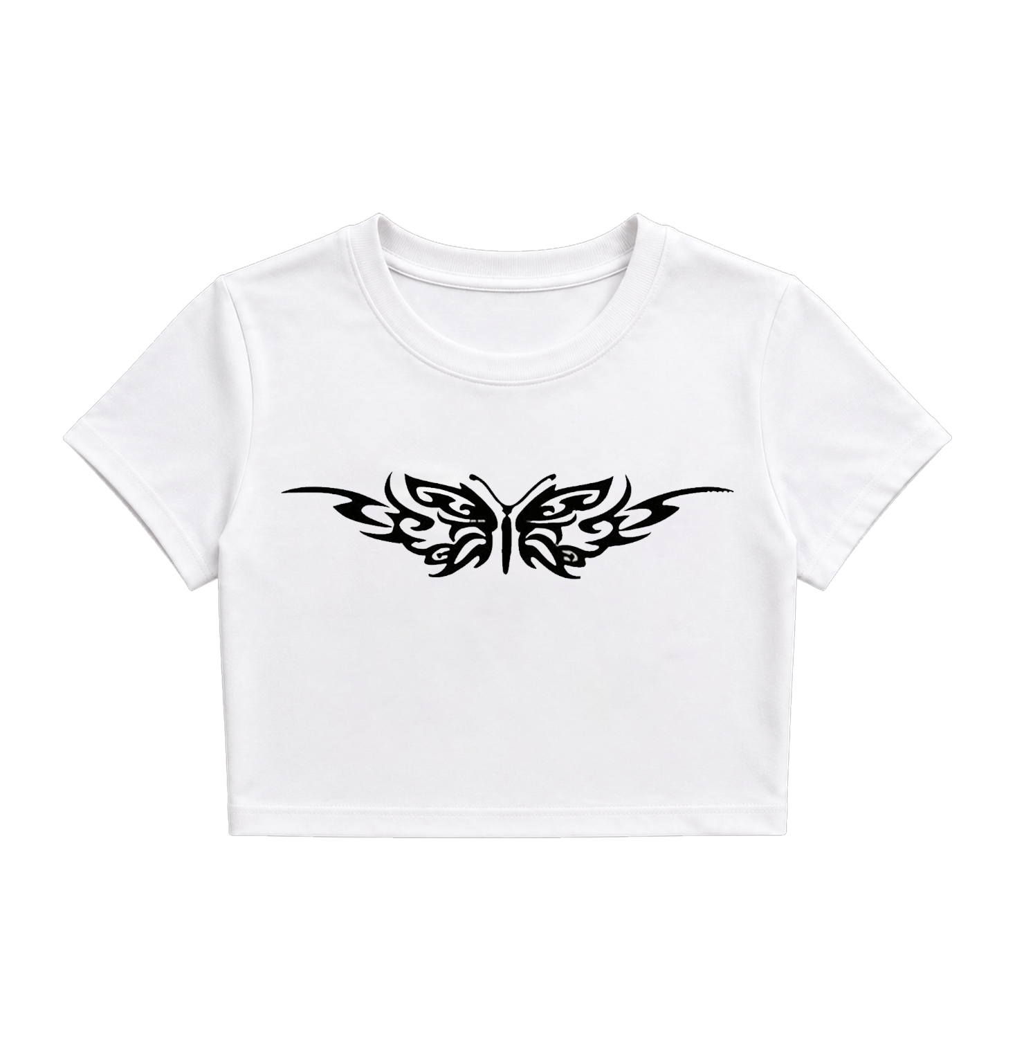 Cyber Y2K Tribal Butterfly Crop Top - White Graphic Baby Tee