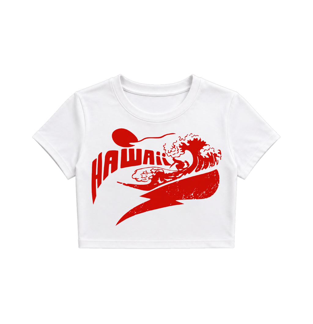 Retro Hawaii Surf Wave Crop Top - White & Red Graphic Tee