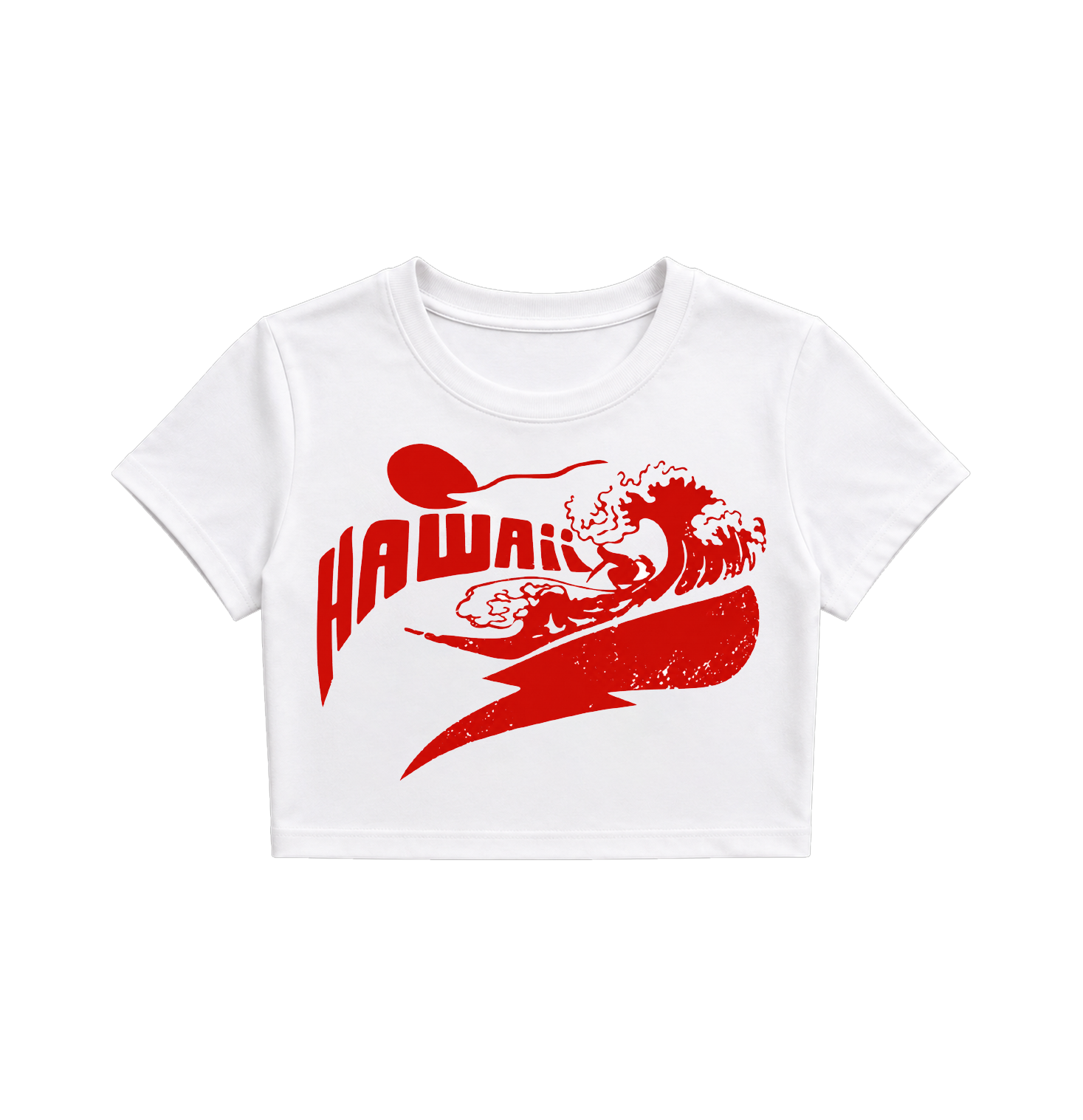 Retro Hawaii Surf Wave Crop Top - White & Red Graphic Tee
