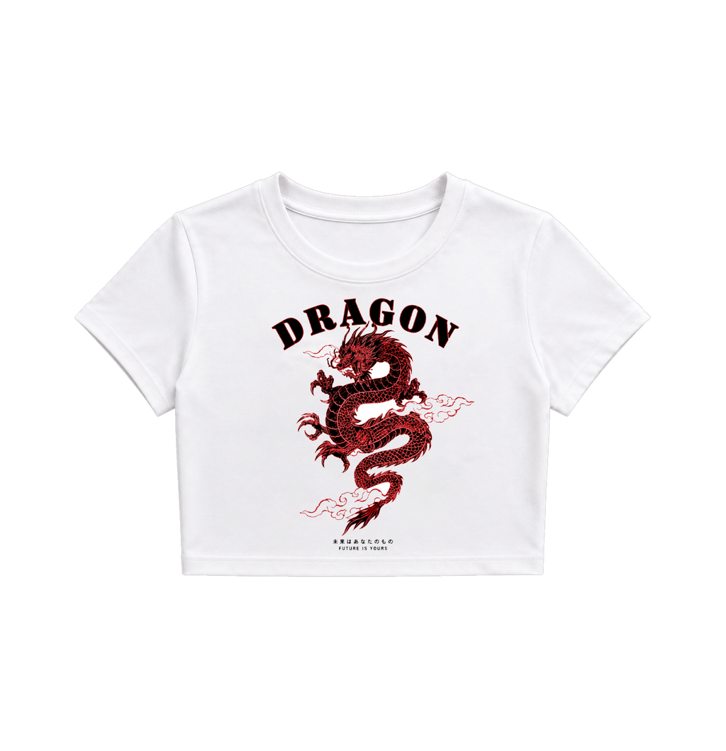 Y2K Red Chinese Dragon Crop Top - White Graphic Tee