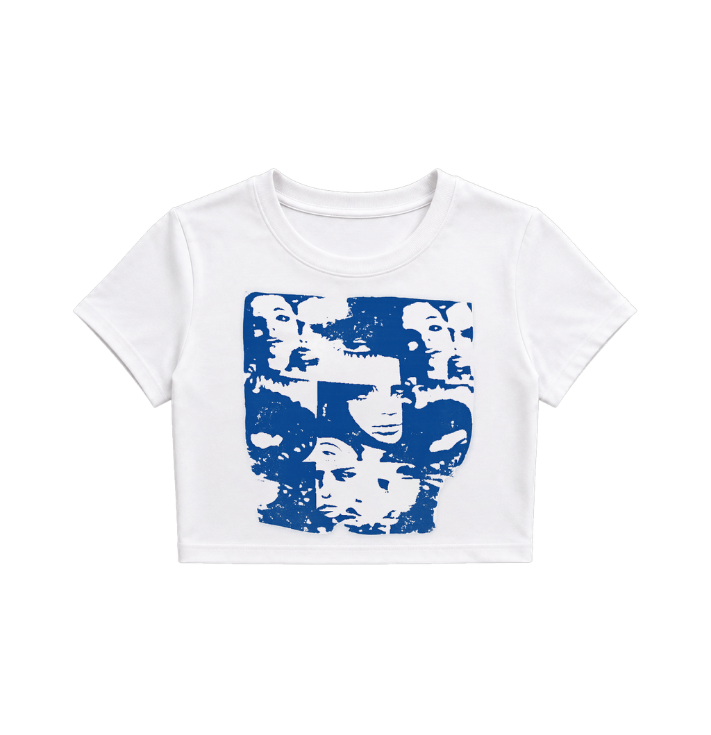Y2K Cyberface Collage Crop Top - White & Blue Graphic Tee