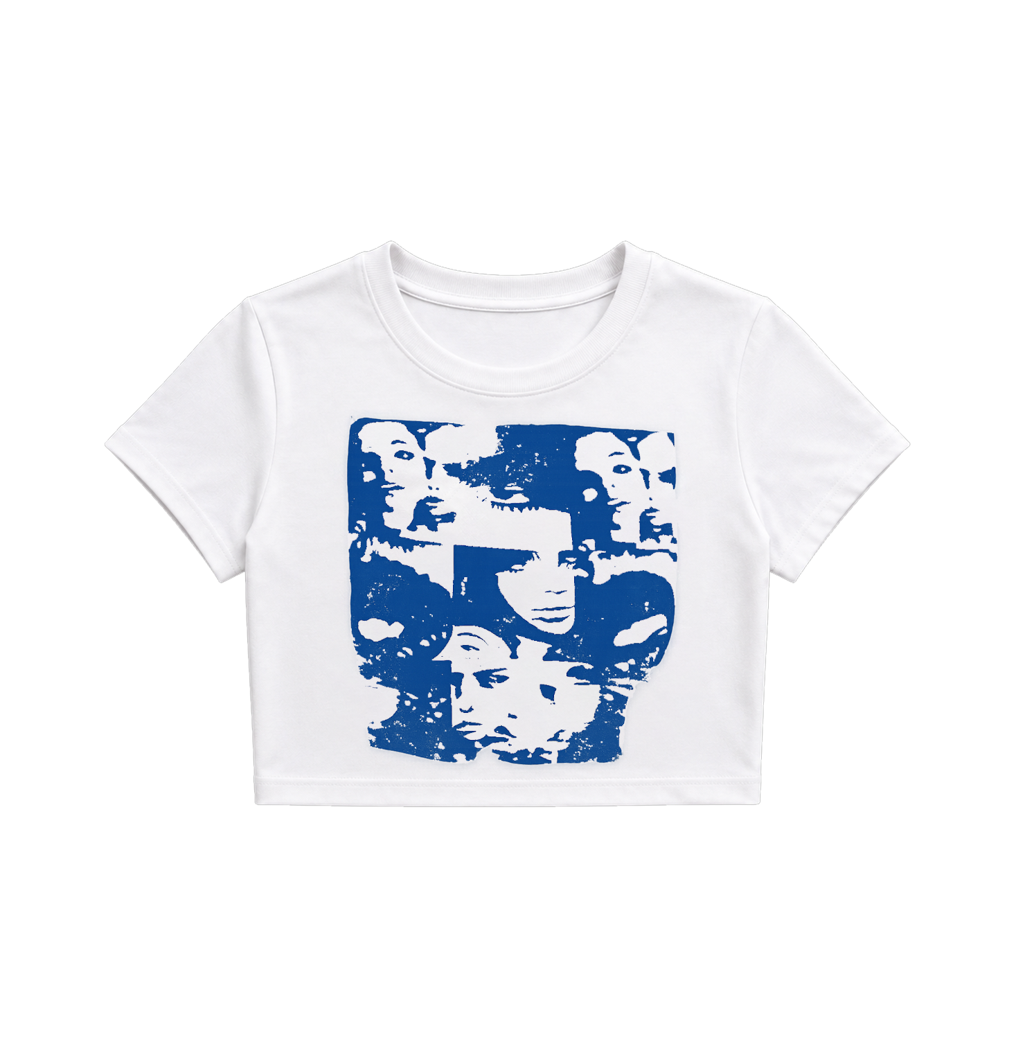 Y2K Cyberface Collage Crop Top - White & Blue Graphic Tee