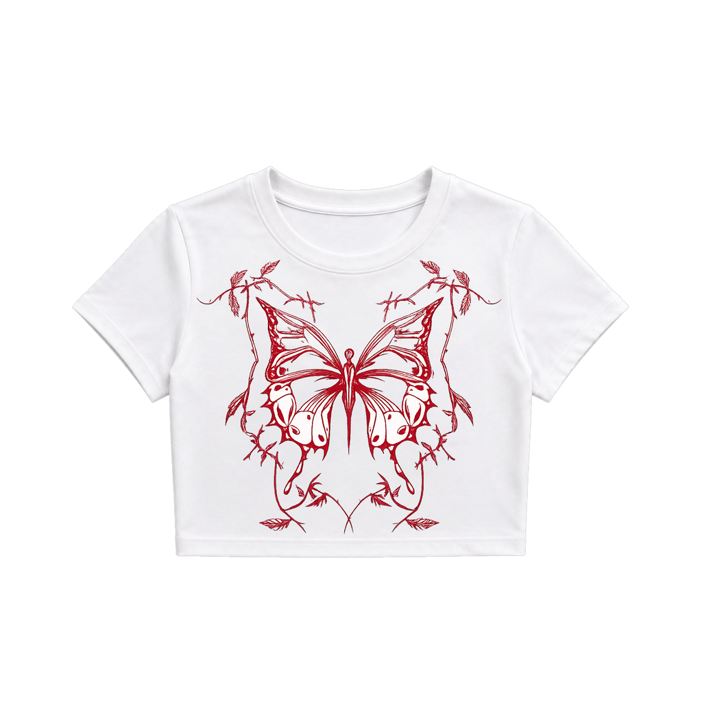 Grunge Barbwire Butterfly Crop Top - White & Red Graphic Tee