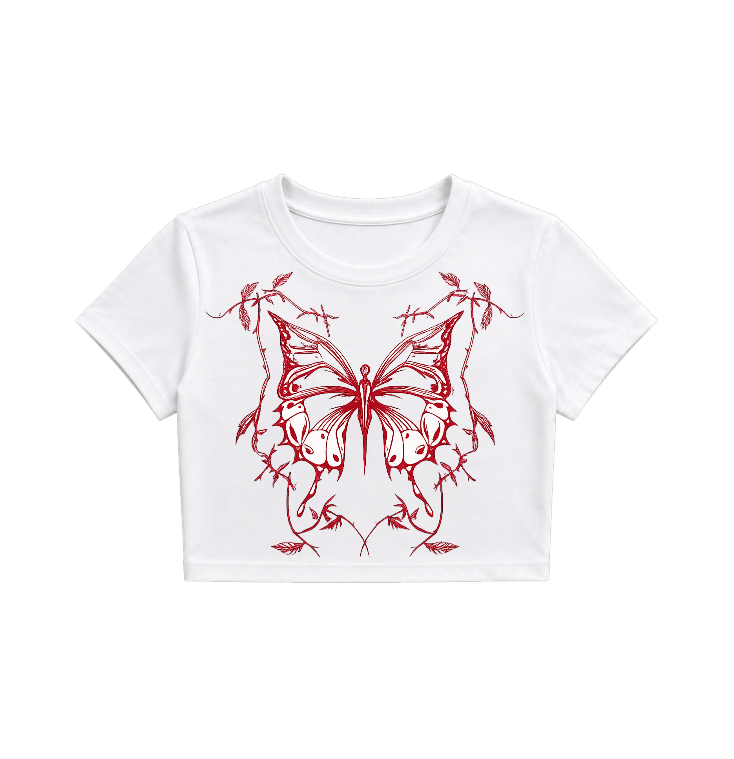 Grunge Barbwire Butterfly Crop Top - White & Red Graphic Tee