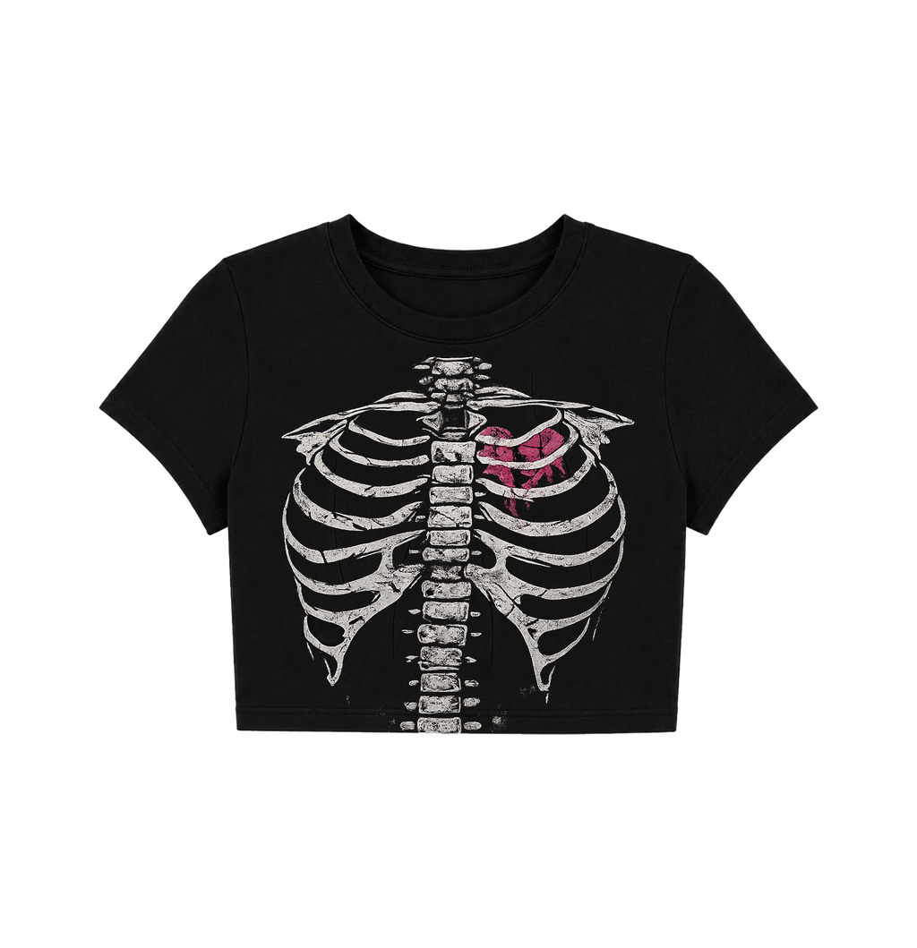 Y2K Skeleton Rib Cage Crop Top - Black Grunge Graphic Tee
