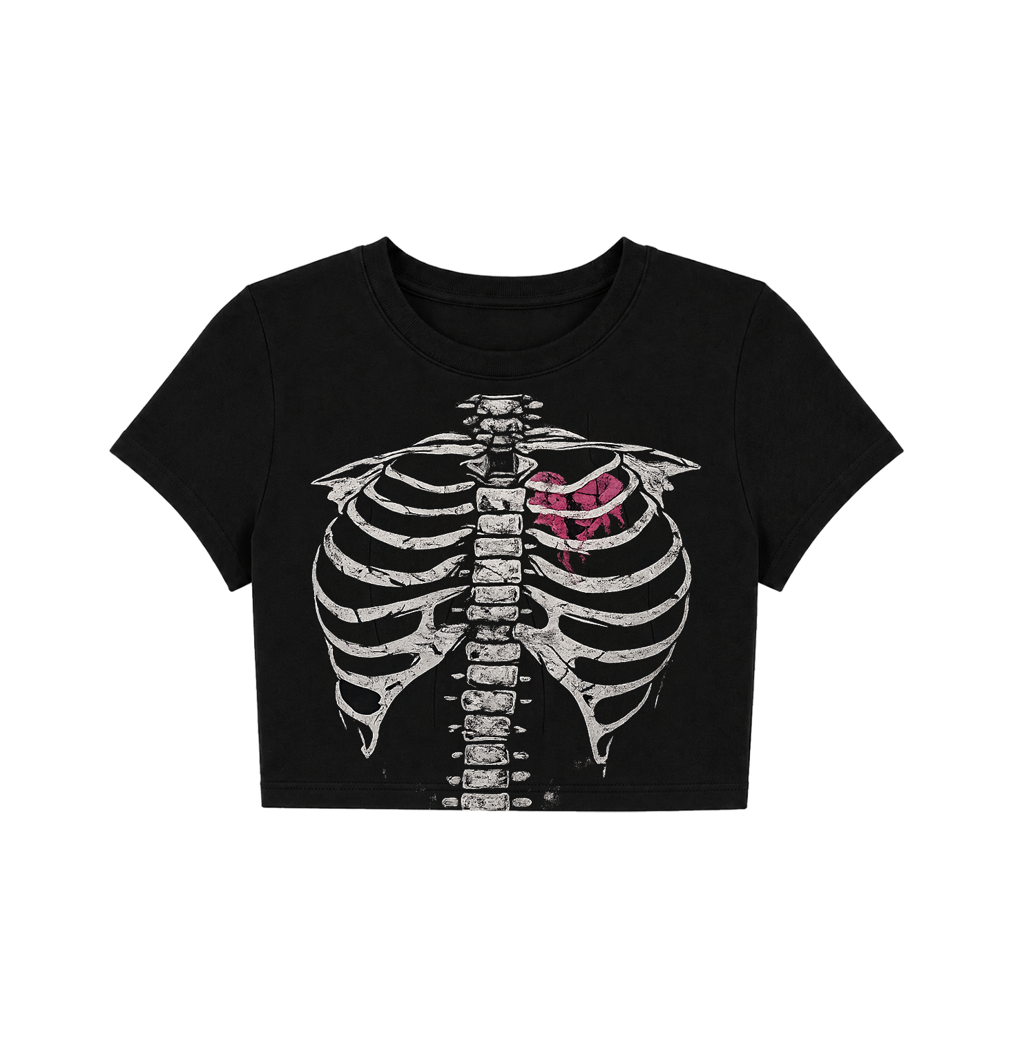 Y2K Skeleton Rib Cage Crop Top - Black Grunge Graphic Tee