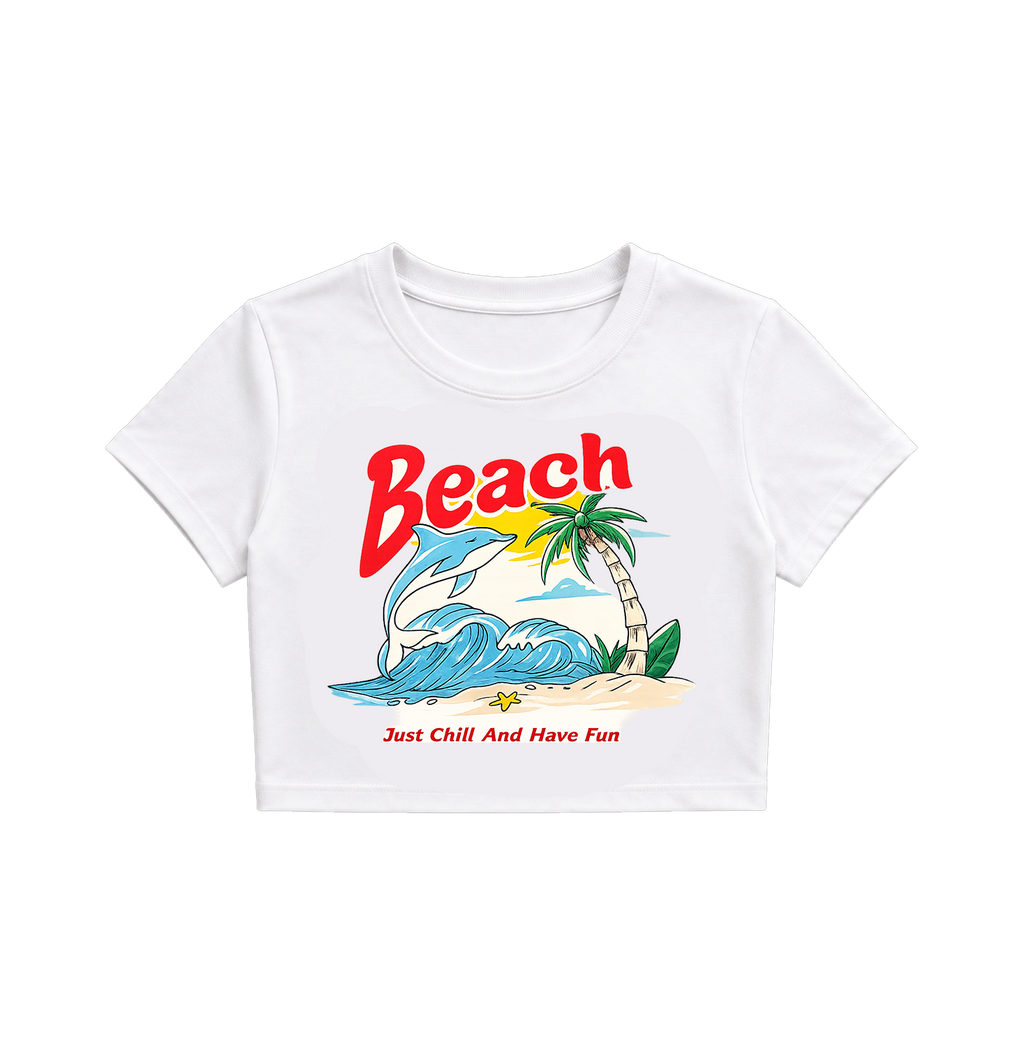 Retro Beach Dolphin Crop Top - White Y2K Summer Graphic Tee