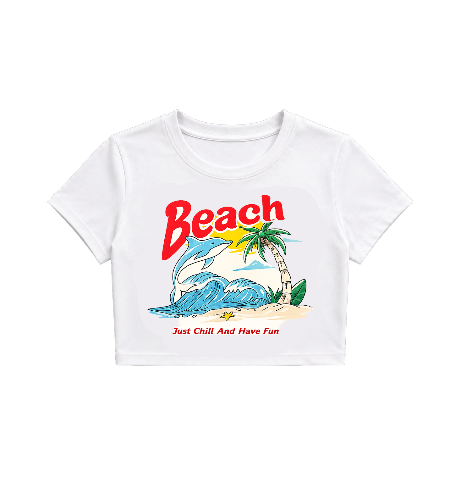 Retro Beach Dolphin Crop Top - White Y2K Summer Graphic Tee