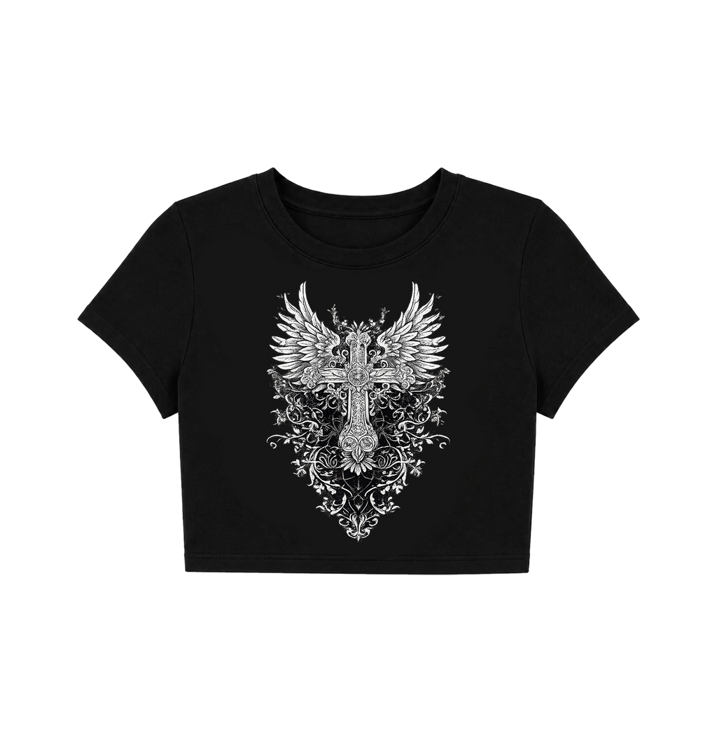 Gothic Winged Cross Crop Top - Black Grunge Graphic Tee