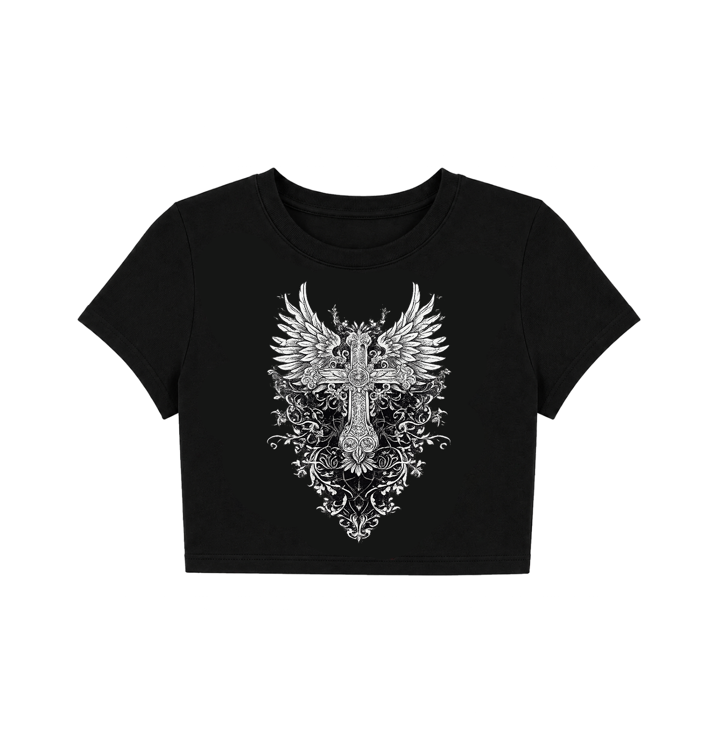 Gothic Winged Cross Crop Top - Black Grunge Graphic Tee