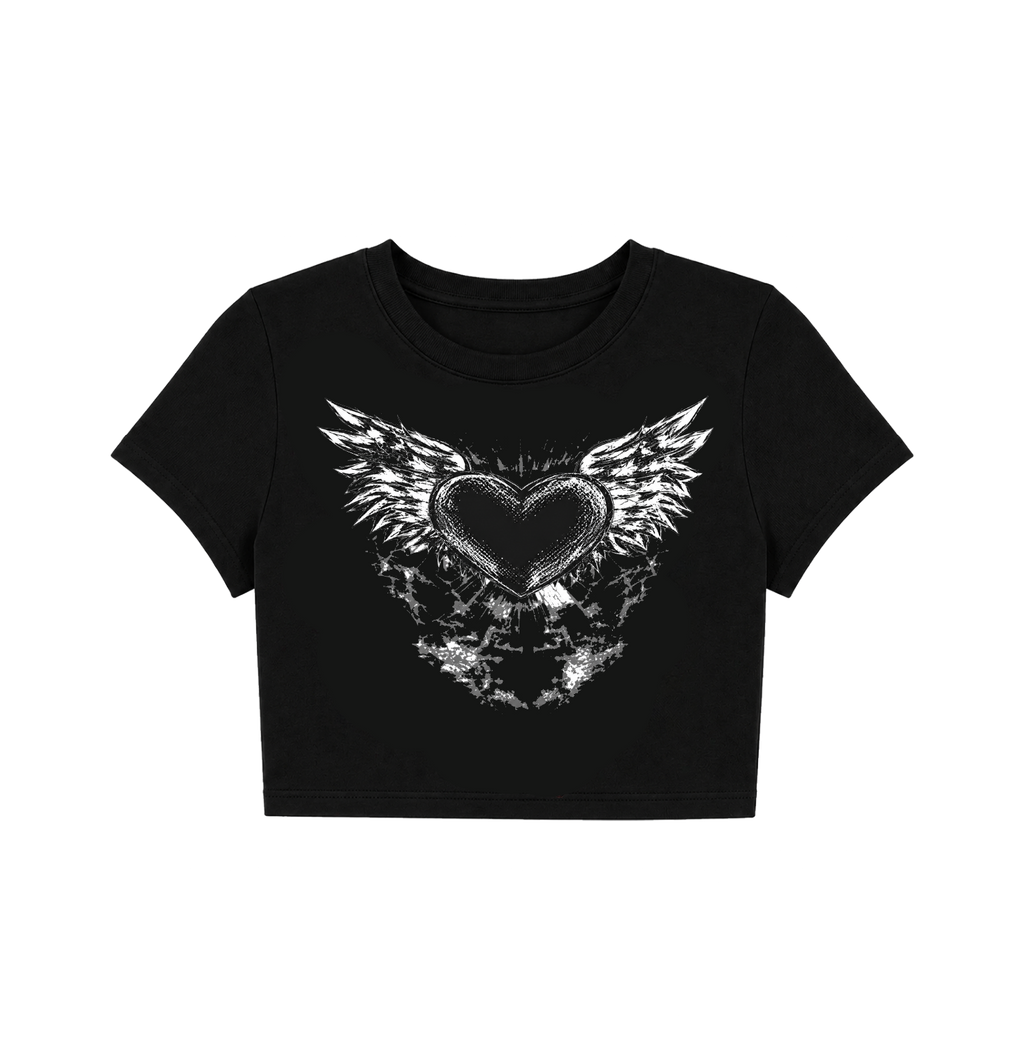 Grunge Winged Heart Crop Top - Black Gothic Graphic Tee