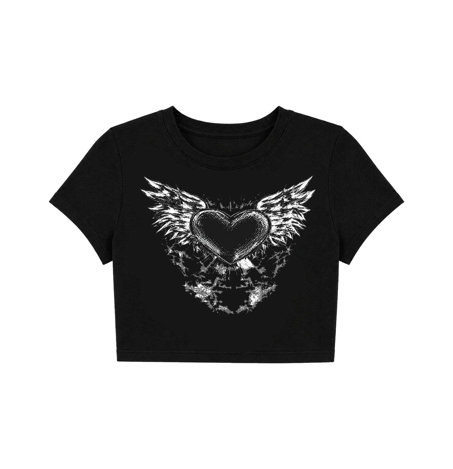 Grunge Winged Heart Crop Top - Black Gothic Graphic Tee