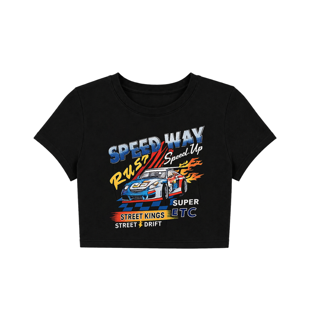 Retro Speedway Racing Crop Top - Black Graphic Tee