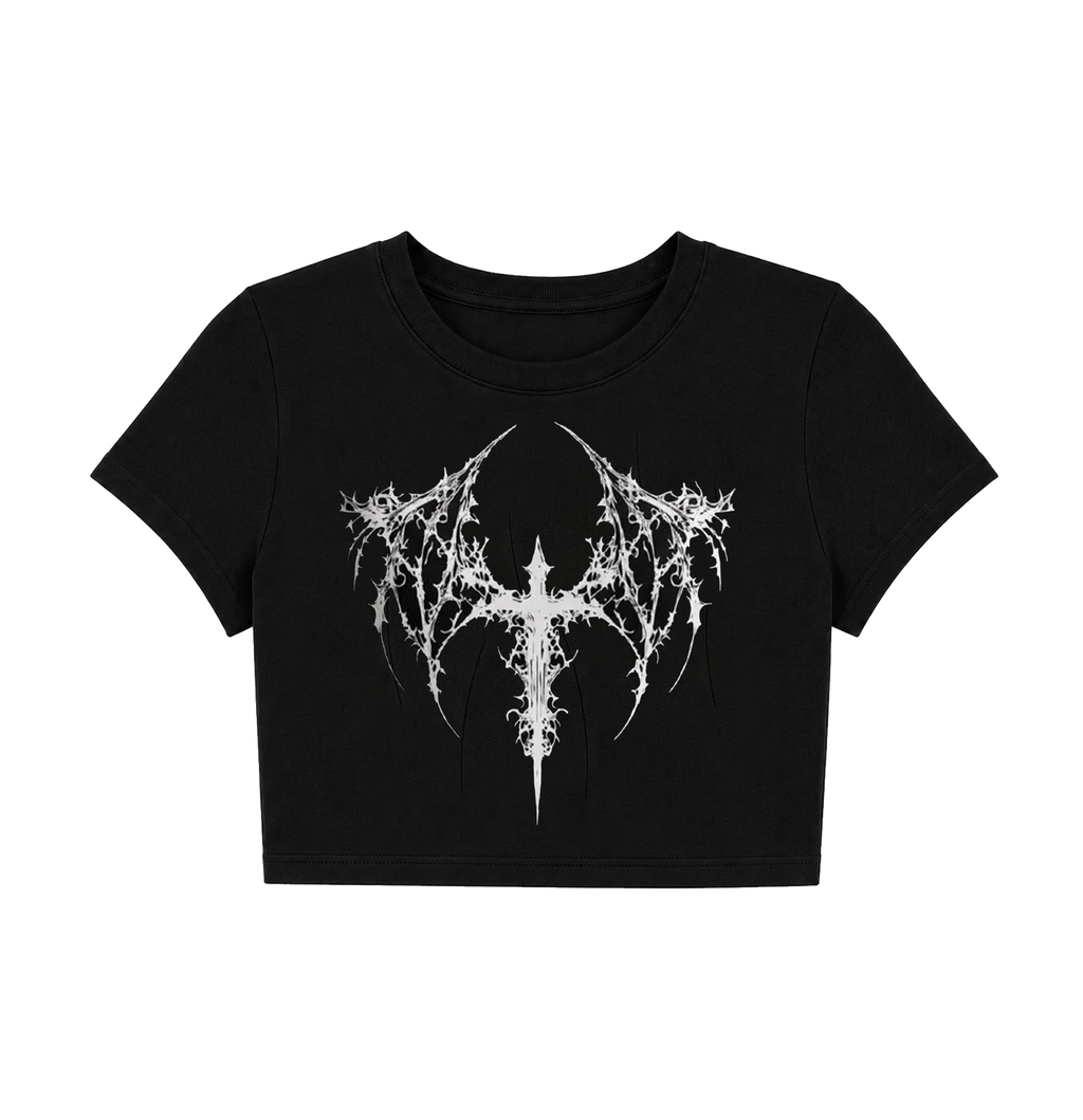 Cyber Goth Barbed Cross Crop Top - Black Grunge Graphic Tee