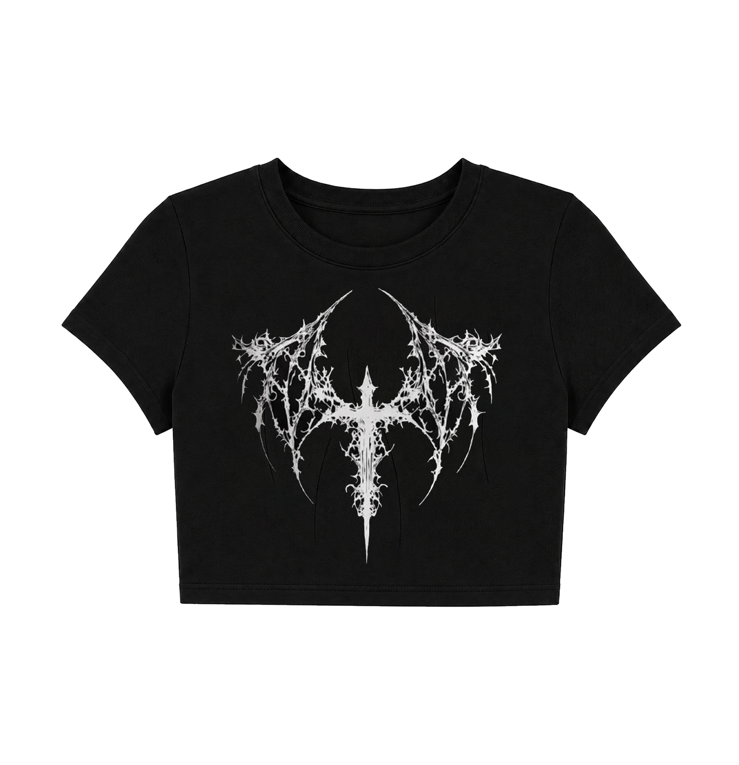 Cyber Goth Barbed Cross Crop Top - Black Grunge Graphic Tee