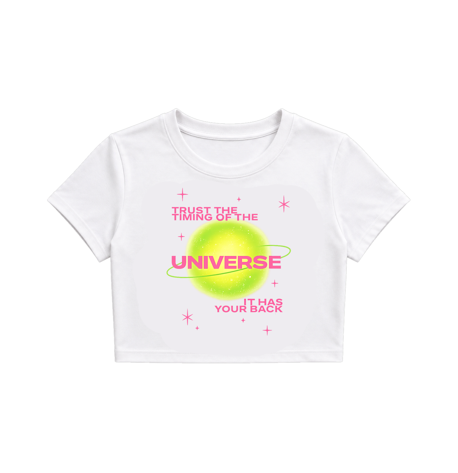 Trust the Timing of the Universe White Crop Top