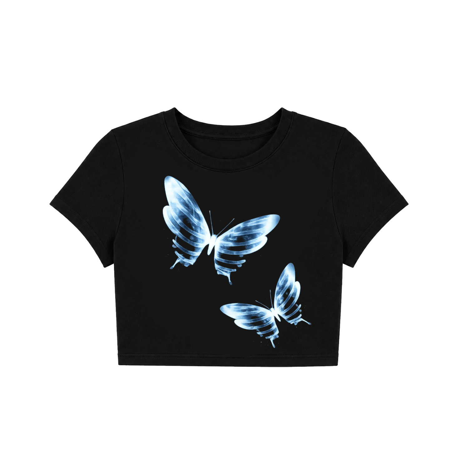 Blue Butterfly Graphic Women's Crop Top | Aesthetic Y2K Black Baby Tee