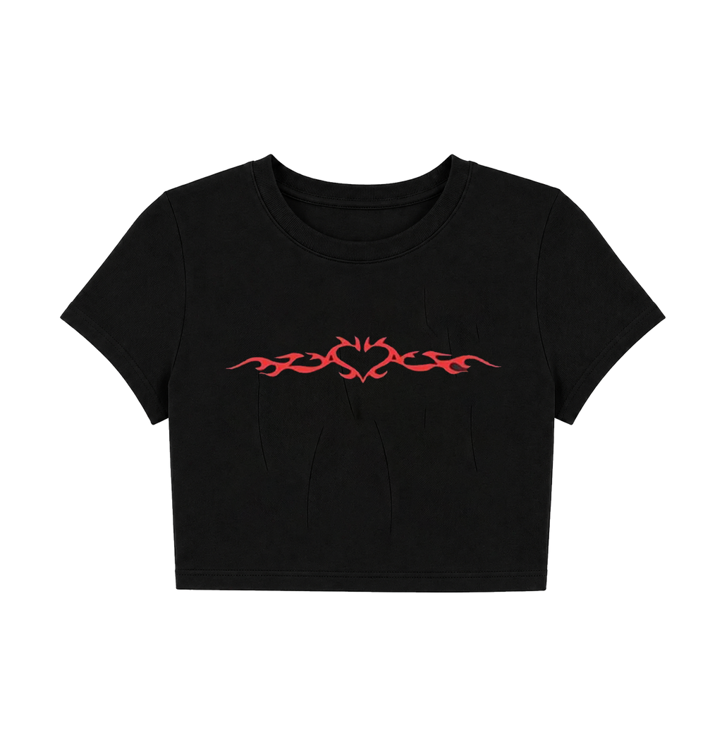 Cyber Y2K Tribal Flame Heart Crop Top - Black Graphic Tee