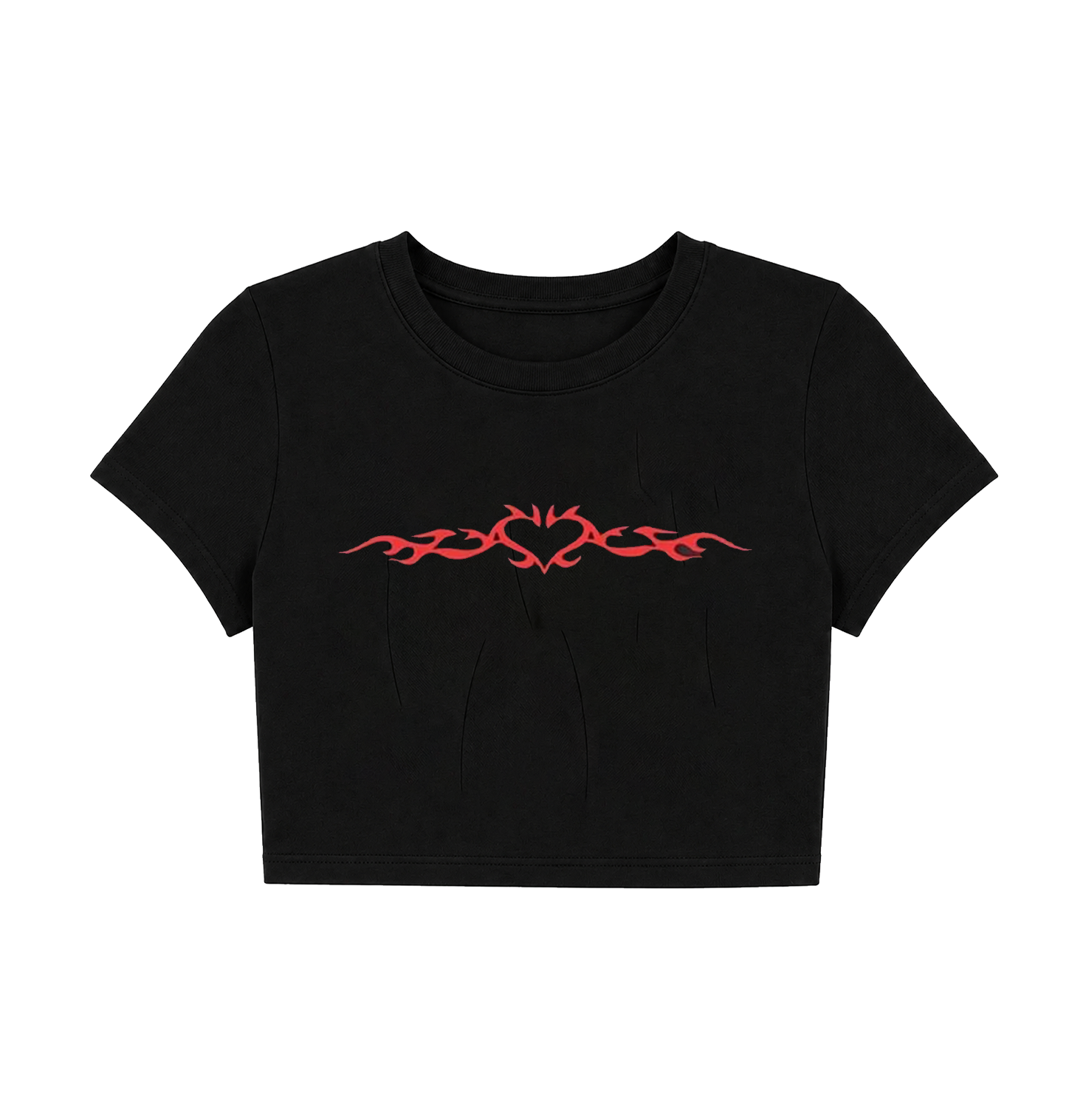 Cyber Y2K Tribal Flame Heart Crop Top - Black Graphic Tee