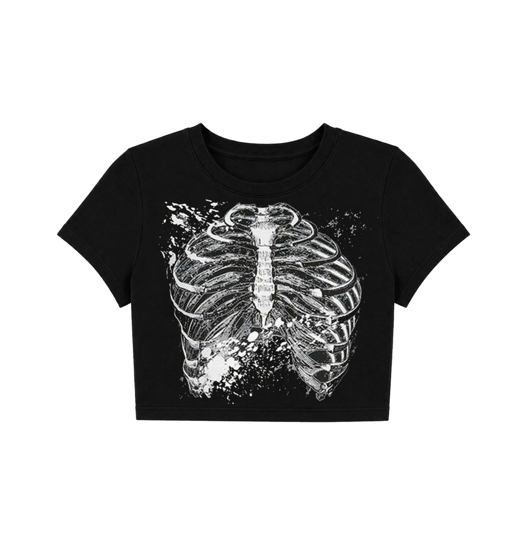 Gothic Splatter Skeleton Ribcage Crop Top - Black Grunge Baby Tee