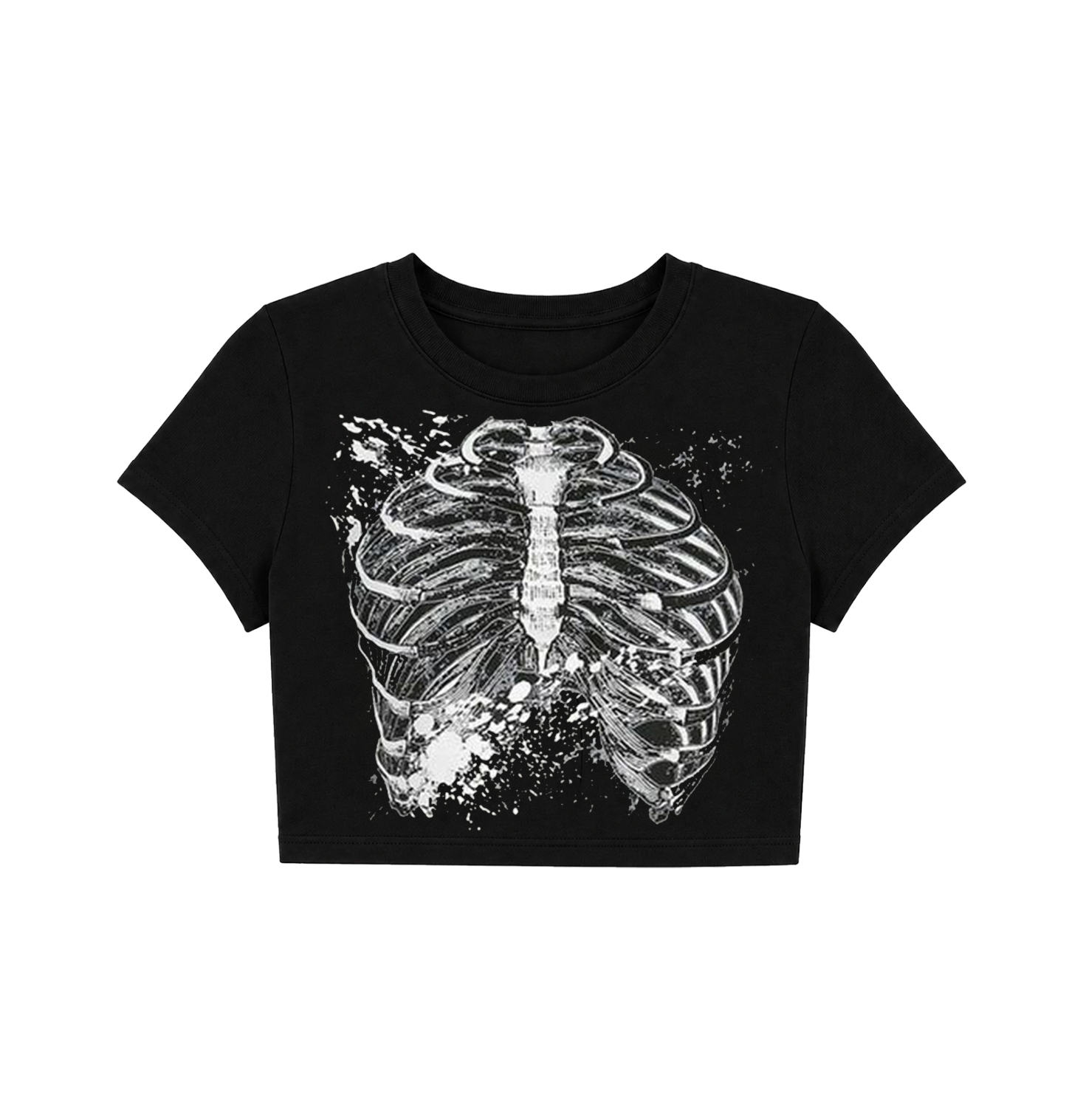 Gothic Splatter Skeleton Ribcage Crop Top - Black Grunge Baby Tee