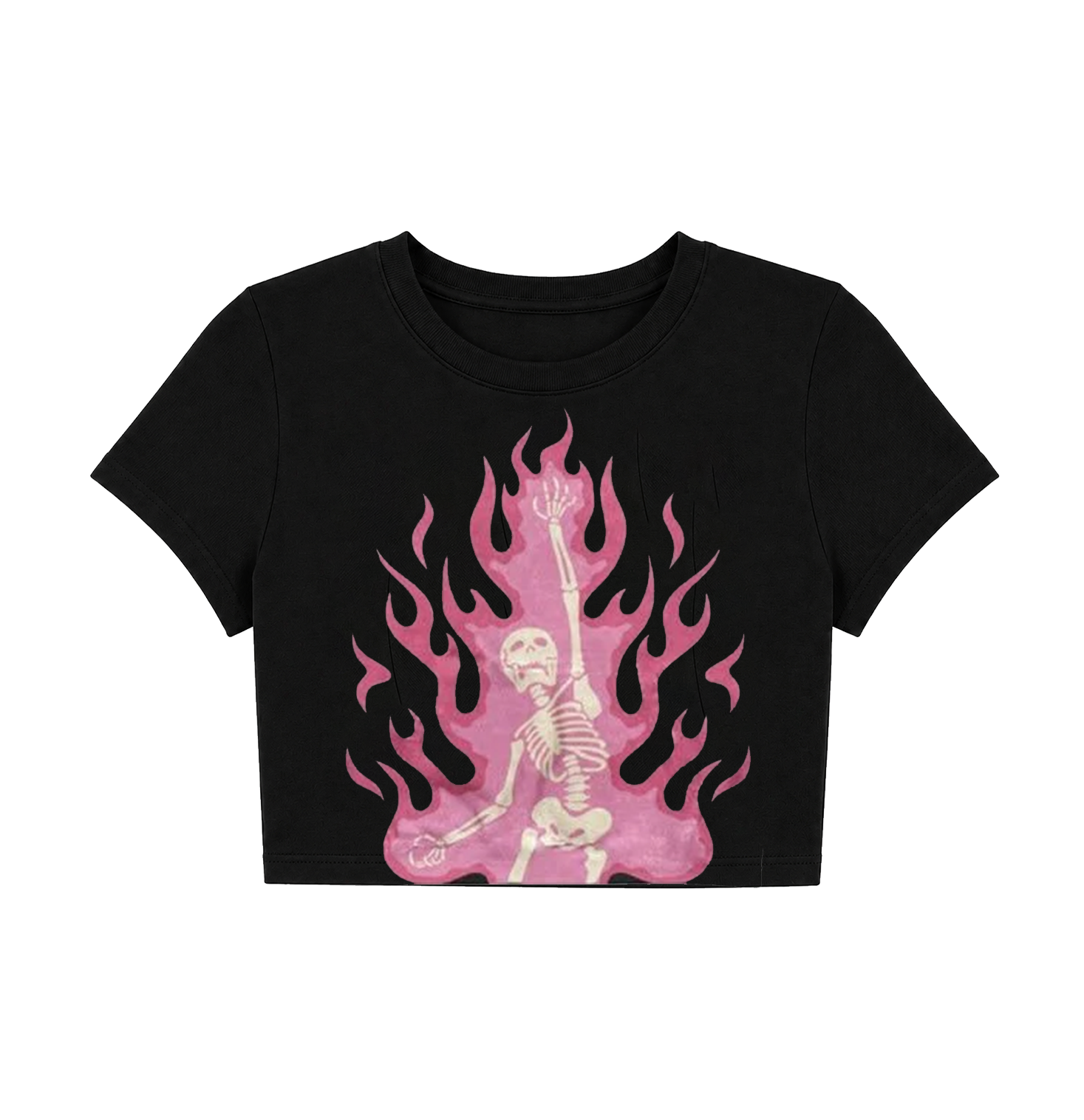 Y2K Pastel Goth Dancing Flame Skeleton Crop Top - Black Graphic Baby Tee
