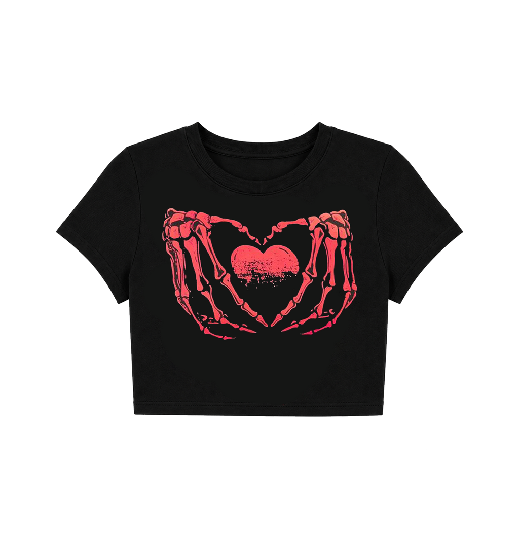 Skeleton Hands Heart Crop Top - Black & Red Graphic Tee