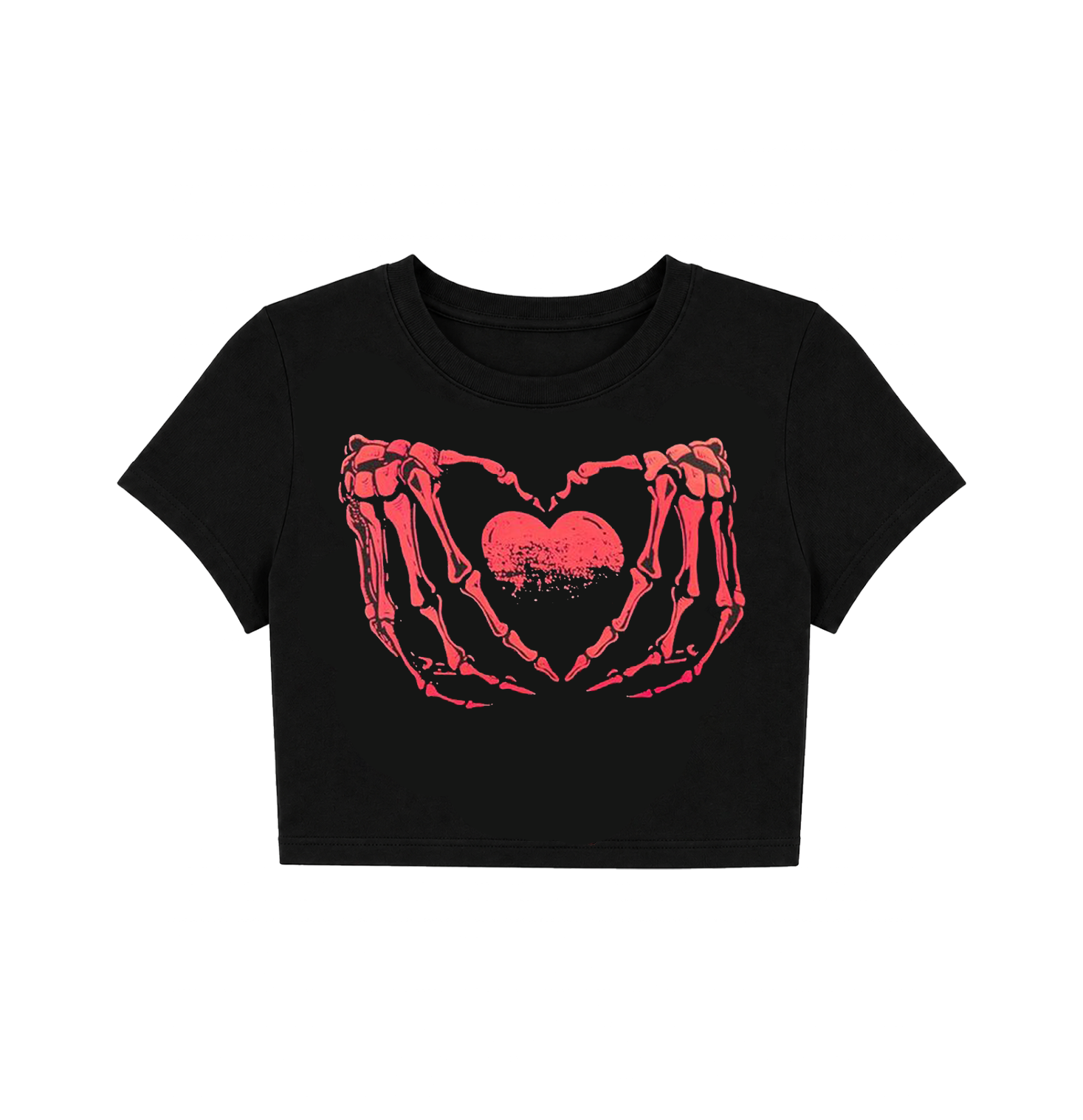 Skeleton Hands Heart Crop Top - Black & Red Graphic Tee