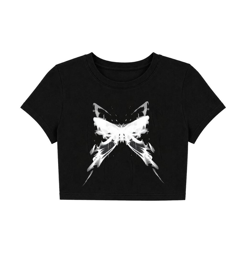 Cyber Y2K Smoke Butterfly Crop Top - Black Graphic Tee