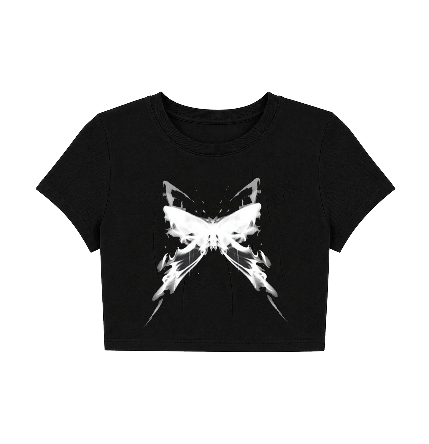 Cyber Y2K Smoke Butterfly Crop Top - Black Graphic Tee