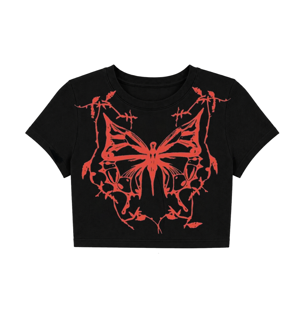 Grunge Barbwire Butterfly Crop Top - Black & Red Graphic Tee
