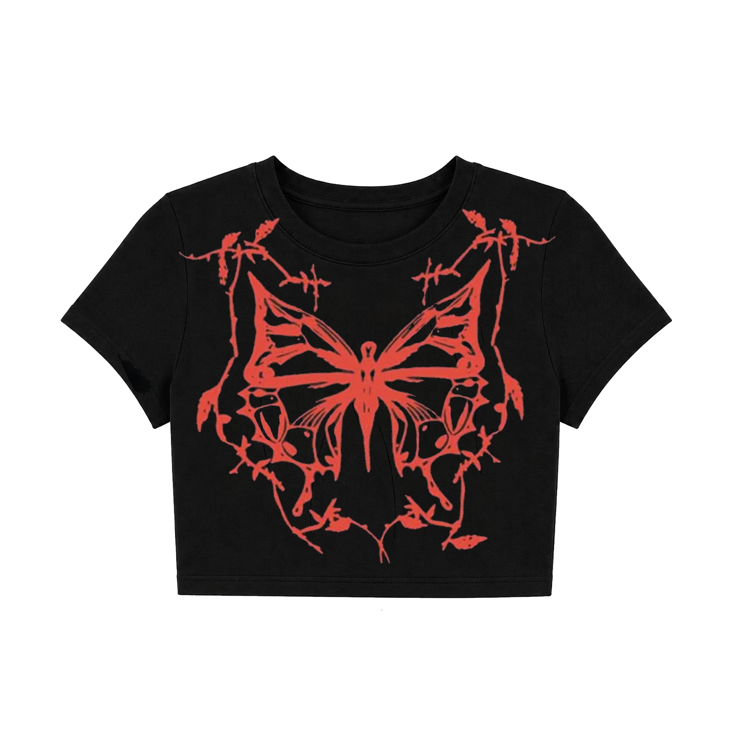 Grunge Barbwire Butterfly Crop Top - Black & Red Graphic Tee