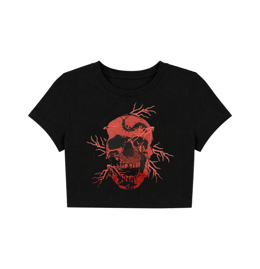 Y2K Lightning Skull Crop Top - Black & Red Graphic Tee