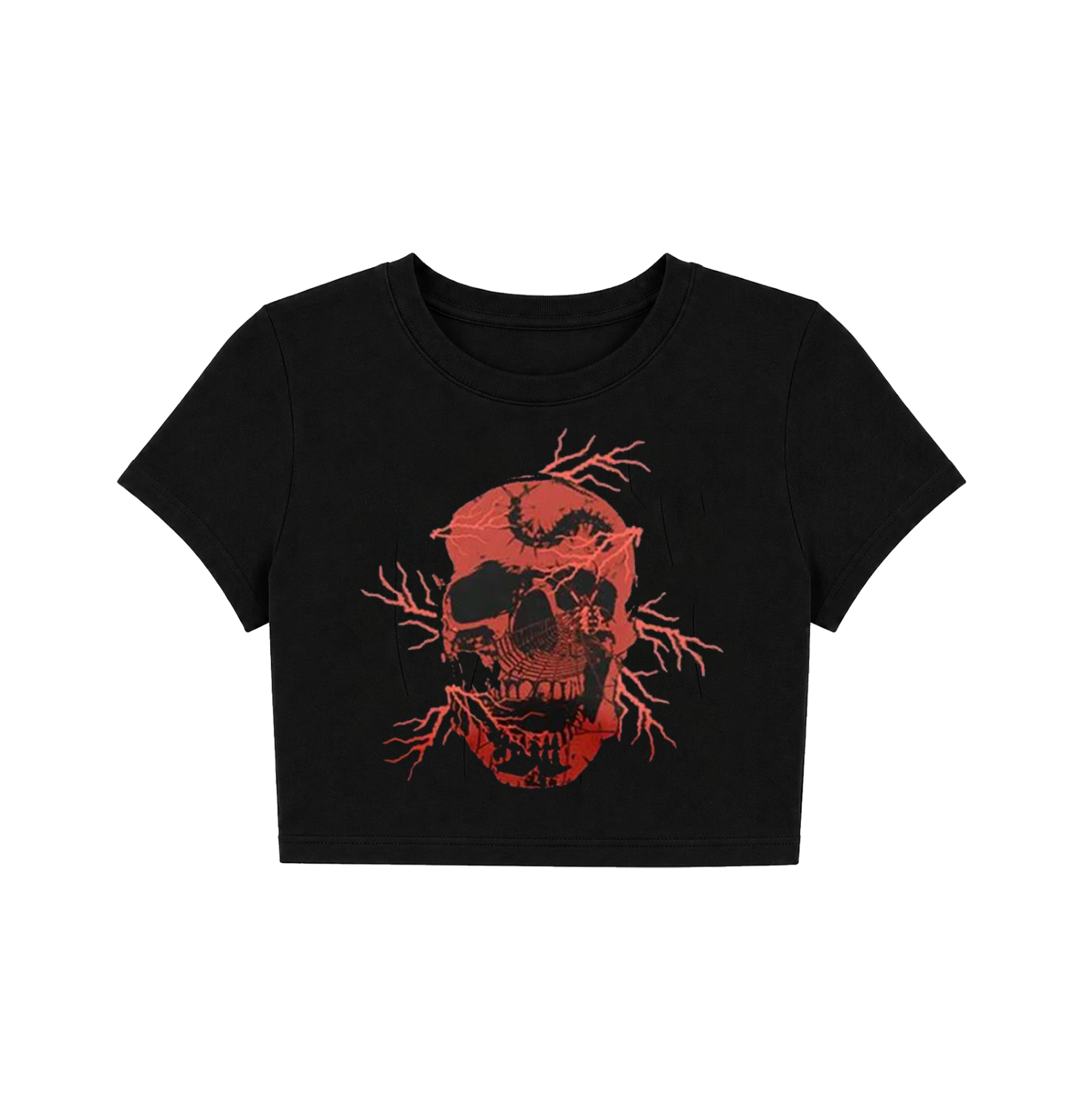 Y2K Lightning Skull Crop Top - Black & Red Graphic Tee