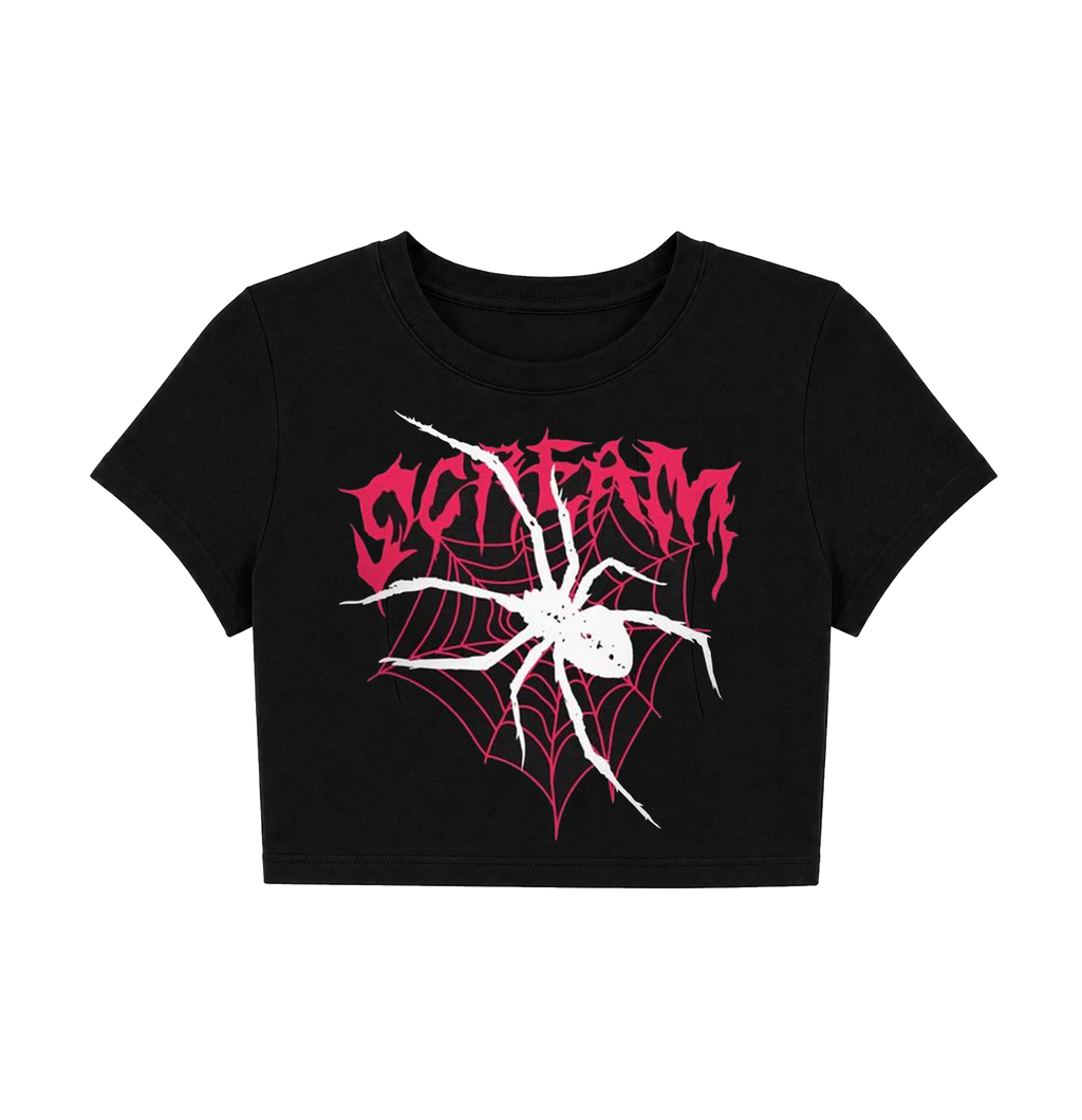 Gothic Scream Spider Web Crop Top - Black Alt Graphic Baby Tee