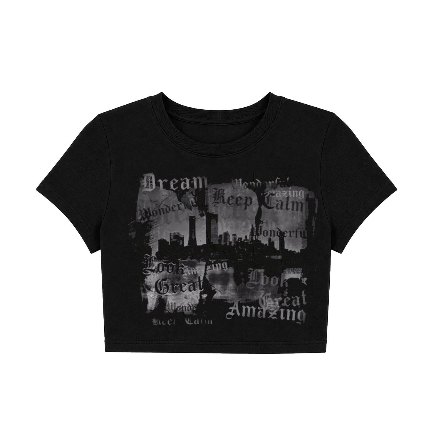 Y2K Vintage City Skyline Crop Top - Black Grunge Graphic Tee
