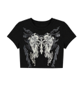 Cyber Y2K Winged Gothic Cross Crop Top - Black Grunge Graphic Tee