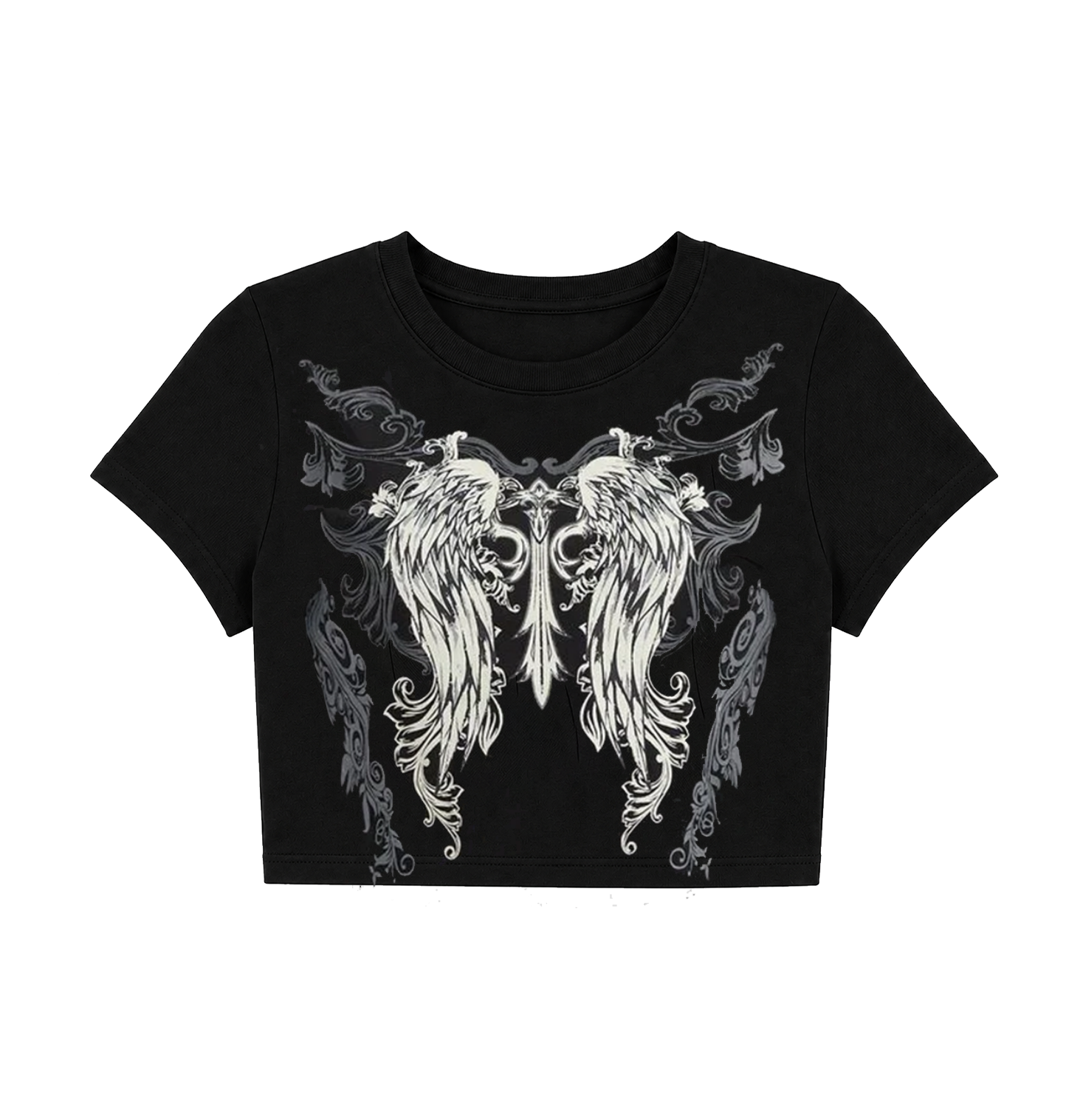 Cyber Y2K Winged Gothic Cross Crop Top - Black Grunge Graphic Tee