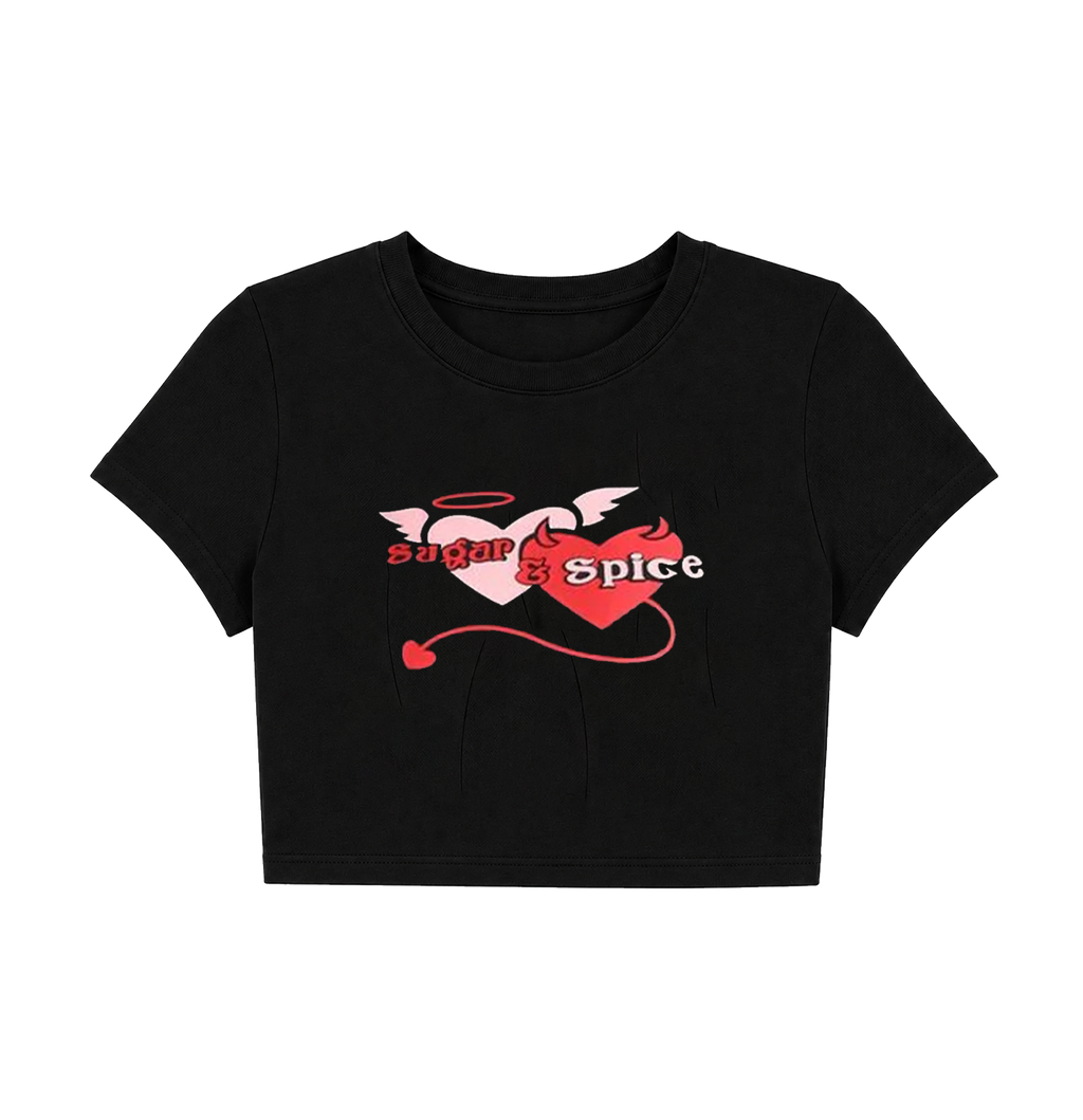 Sugar and Spice Angel Devil Heart Crop Top - Black Graphic Tee