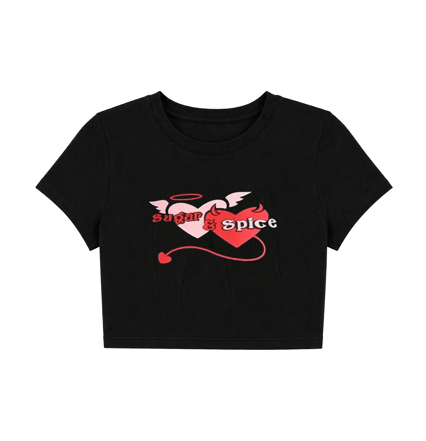 Sugar and Spice Angel Devil Heart Crop Top - Black Graphic Tee