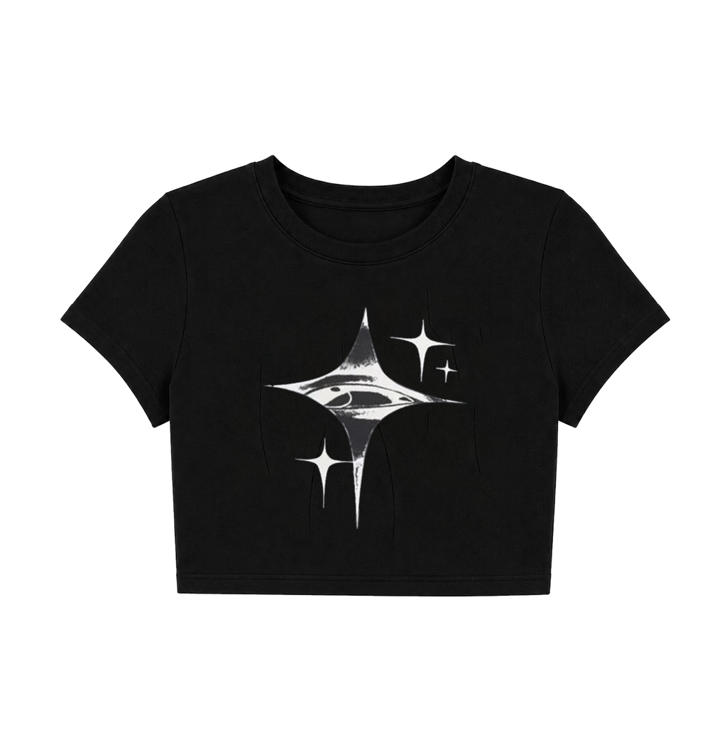 Cyber Y2K Celestial Eye Star Crop Top - Black Graphic Tee
