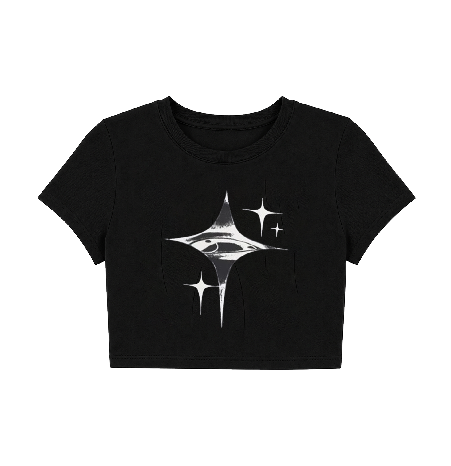 Cyber Y2K Celestial Eye Star Crop Top - Black Graphic Tee