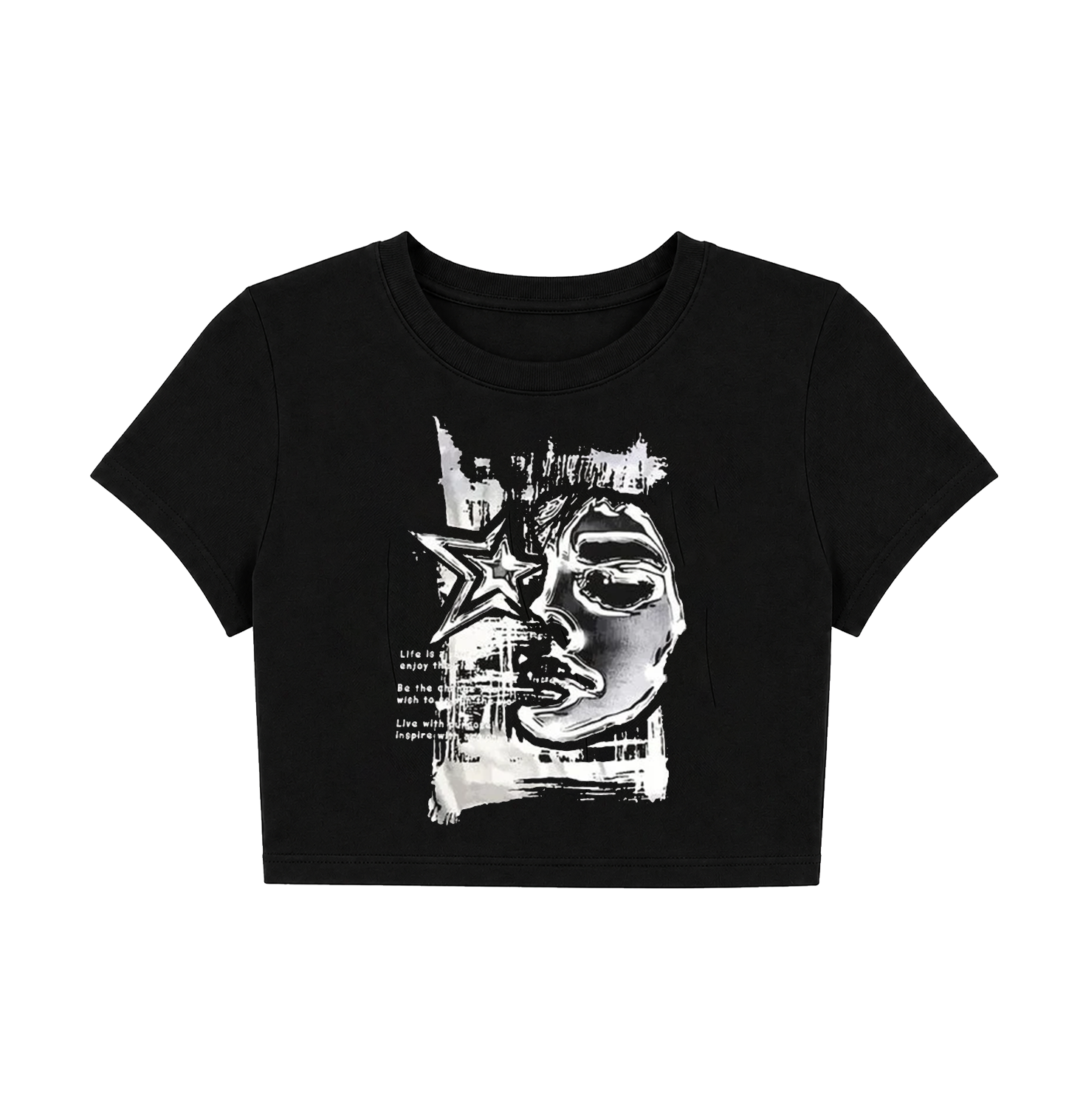 Abstract Grunge Star Face Crop Top - Black Y2K Indie Graphic Baby Tee
