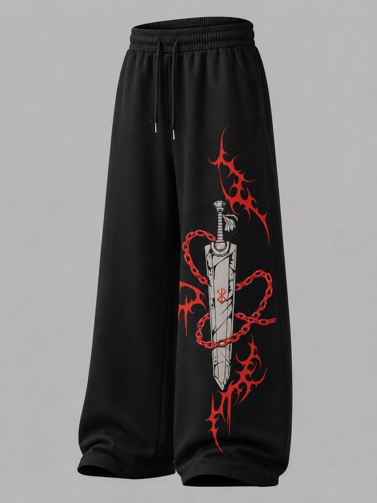 Anime-Inspired Sword & Chain Graphic Print Black Joggers | Streetwear