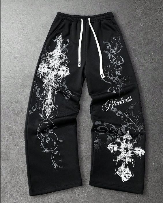 Gothic Cross Graphic Print Black Joggers | Streetwear